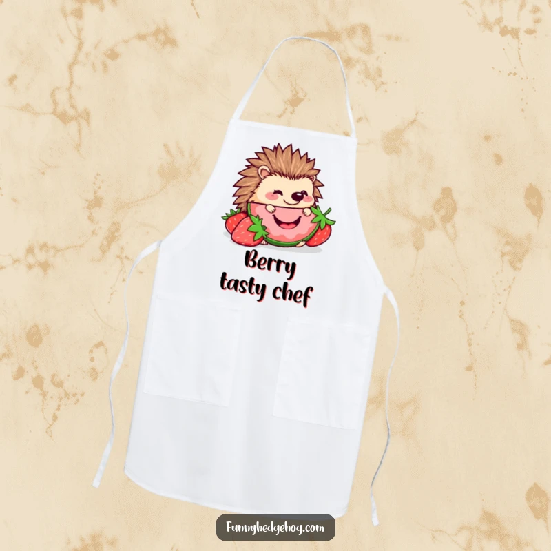 Funny Hedgehog Strawberry Apron: A kawaii hedgehog happily nibbling a large strawberry slice, adding humorous charm to kitchen tasks.