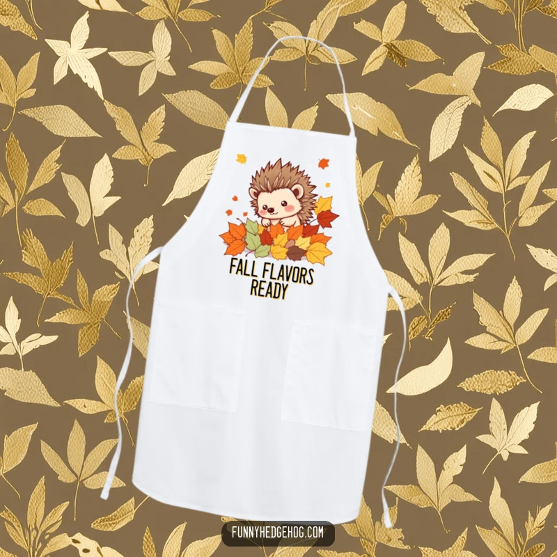 Funny Hedgehog Apron: A spiky kawaii hedgehog peeking from autumn leaves, ready to help in the kitchen with a cheerful, humorous attitude.