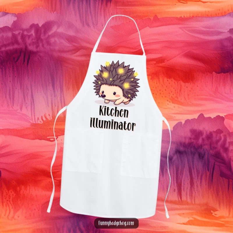 Funny kitchen apron with a hedgehog whose spikes are decorated with tiny, glowing fireflies, bringing a magical ambiance to cooking.