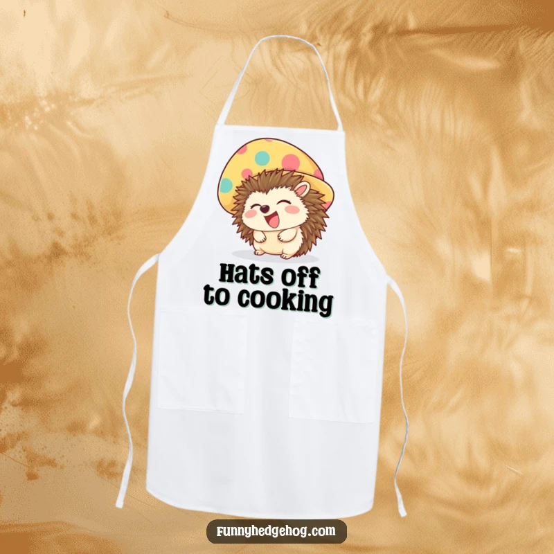Funny apron with a giggling hedgehog wearing an oversized, colorful hat, perfect for adding playful charm to cooking.