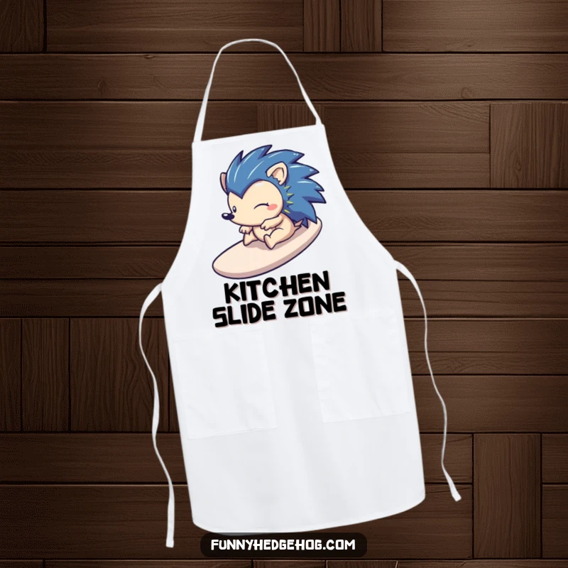Funny apron with a happy hedgehog sliding down a stylized slide, perfect for adding playful charm to cooking.