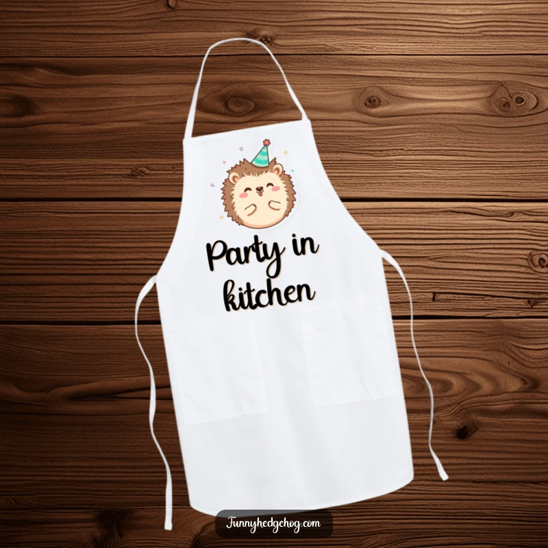 Funny round, happy hedgehog character apron wearing a tiny party hat with confetti, for humorous and festive kitchen activities.