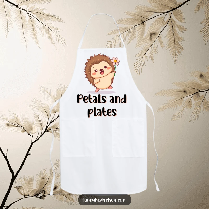 Funny kitchen apron depicting a cheerful hedgehog hopping playfully with a flower in its quills, perfect for baking and cooking.