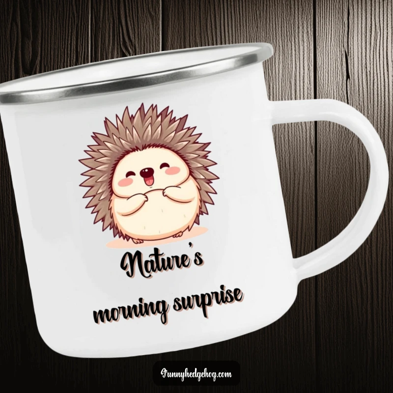 Funny camping mug featuring a hedgehog curled into a ball, then happily popping open with a joyful expression.
