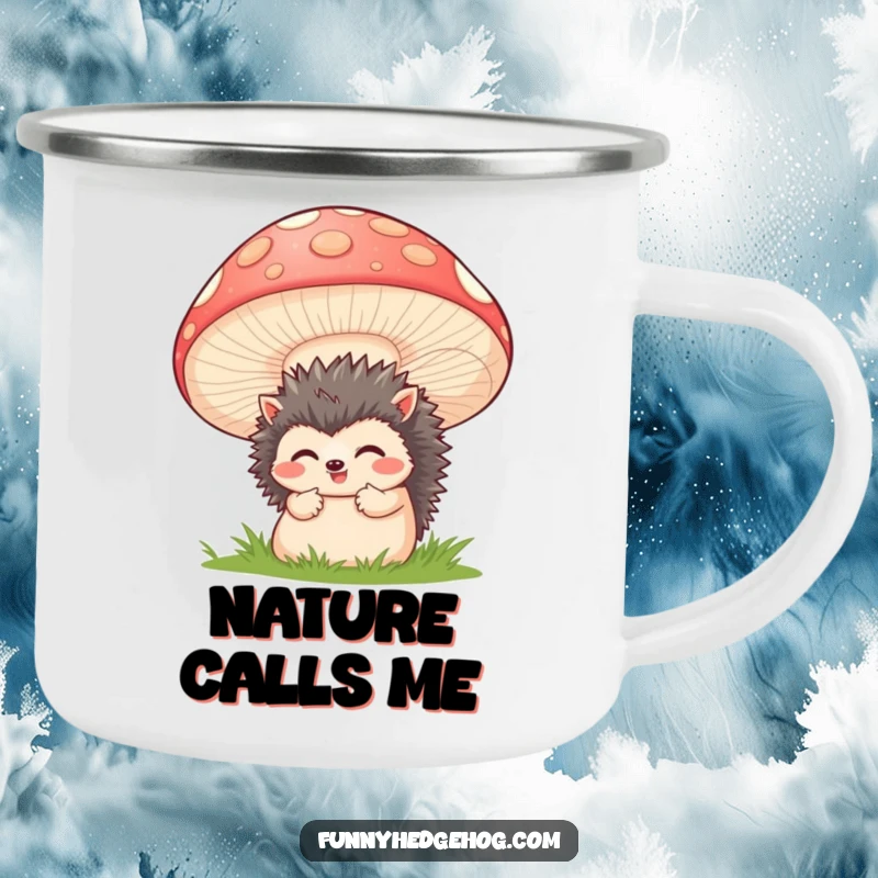 Funny camping mug featuring a shy hedgehog peeking from behind a large smiling mushroom, perfect for outdoor enthusiasts who love humor.