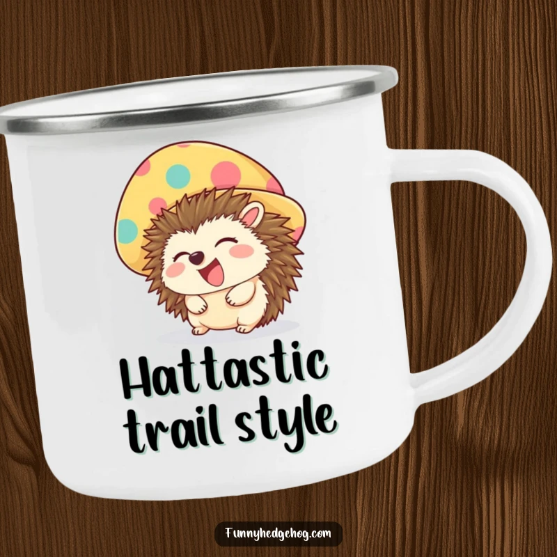 Funny camping mug with a giggling hedgehog wearing an oversized, colorful hat, ready for outdoor fun and laughter.