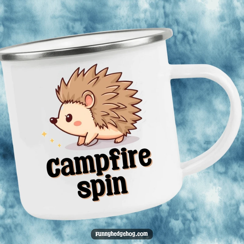 Funny camping mug showing a hedgehog shape spinning with a trail of sparkling dust, ideal for enjoying drinks outdoors with magic.