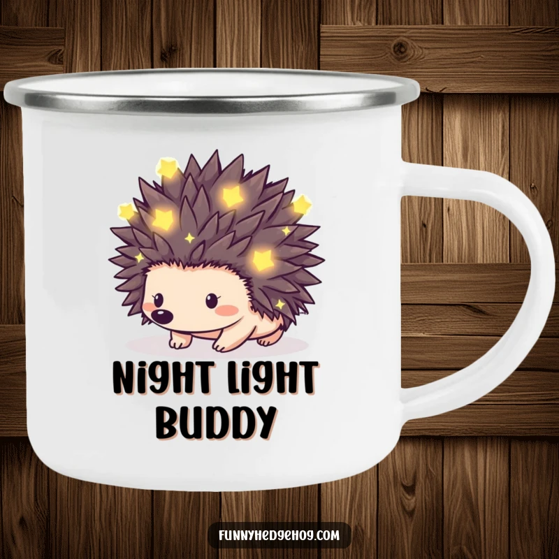 Funny camping mug featuring a hedgehog with spikes covered in tiny, glowing fireflies, perfect for enjoying drinks outdoors with magic.