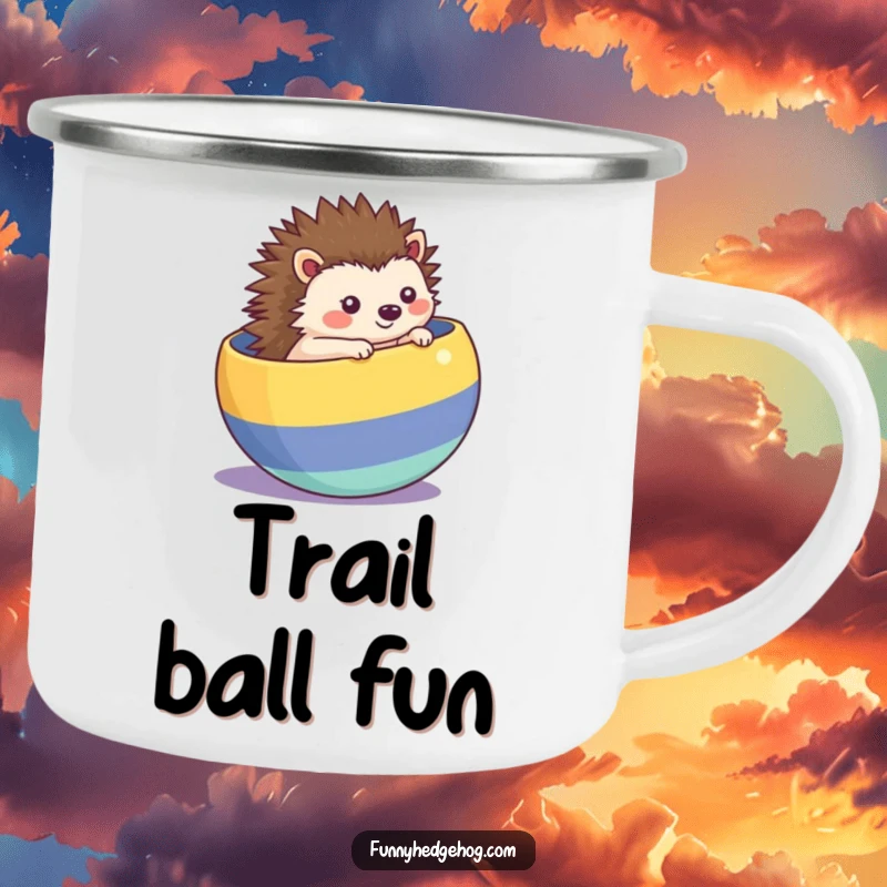 Funny kawaii hedgehog camping mug, rolling inside a striped ball, durable and humorous for playful outdoor trips.