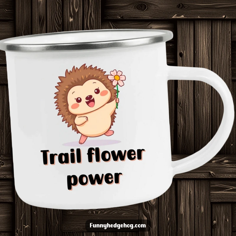 Funny camping mug showing a happy hedgehog hopping with a flower in its quills, ideal for enjoying drinks outdoors with cheer.