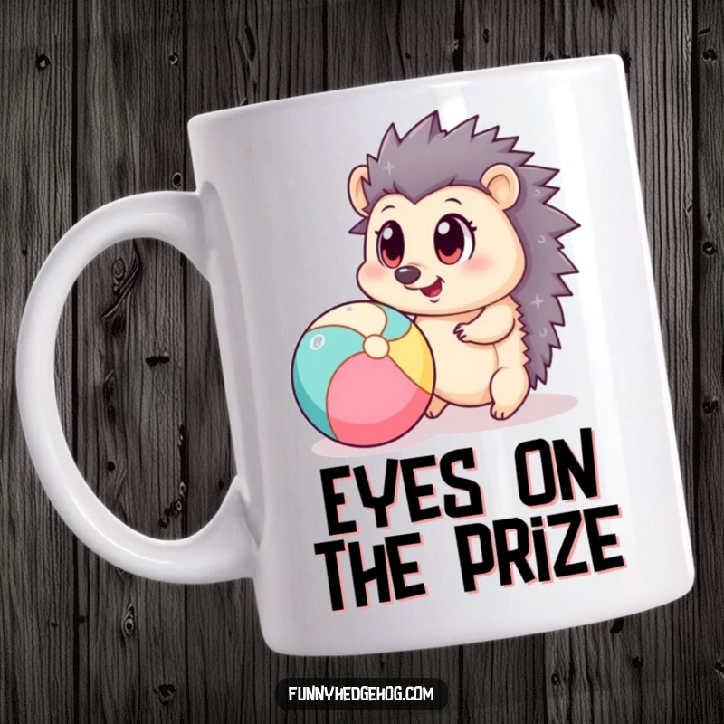 Funny mug featuring a cute hedgehog with large, expressive eyes playfully bouncing a colorful beach ball, radiating pure joy.