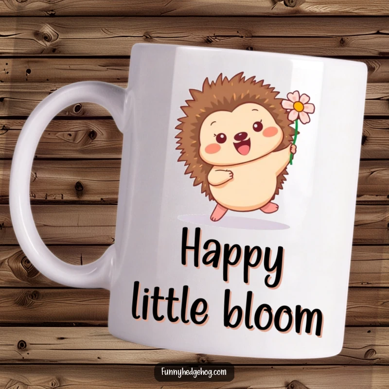 Funny mug showing a happy hedgehog mid-hop with a bright flower nestled in its quills, exuding pure joy and playfulness.