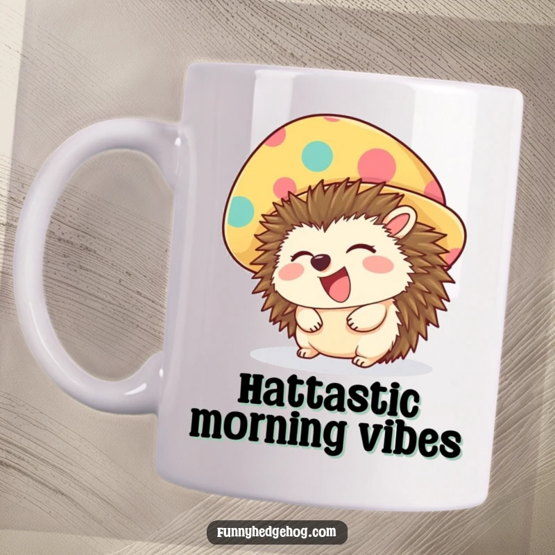 Funny mug showcasing a happy hedgehog giggling while sporting an oversized, vibrantly colorful hat, radiating pure amusement.
