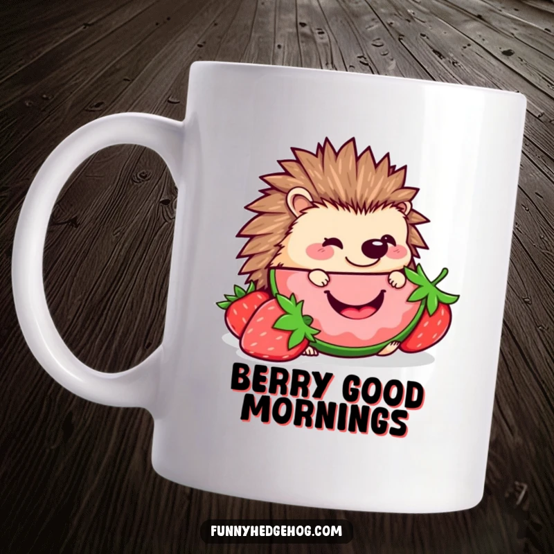 Funny Strawberry Hedgehog Mug: Cute kawaii hedgehog happily nibbling on a giant, smiling strawberry slice, celebrating sweet treats and good times.