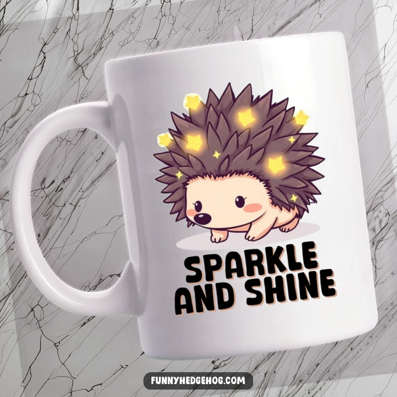 Funny mug showcasing a hedgehog with spikes covered in tiny, glowing fireflies, creating a magical and whimsical scene.