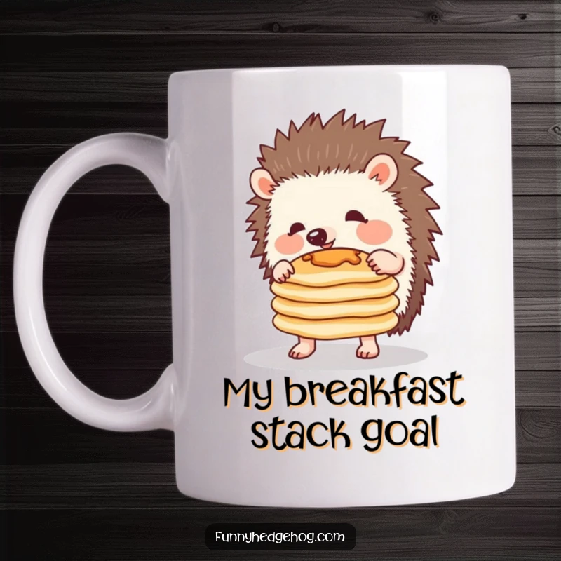 Funny mug featuring a cute hedgehog precariously balancing a small stack of pancakes, looking determined and slightly overwhelmed.