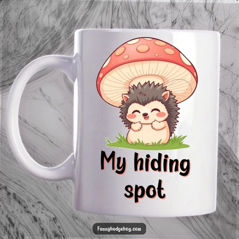 Funny mug displaying a shy hedgehog cautiously peeking out from behind a massive, friendly smiling mushroom, evoking gentle humor and cuteness.