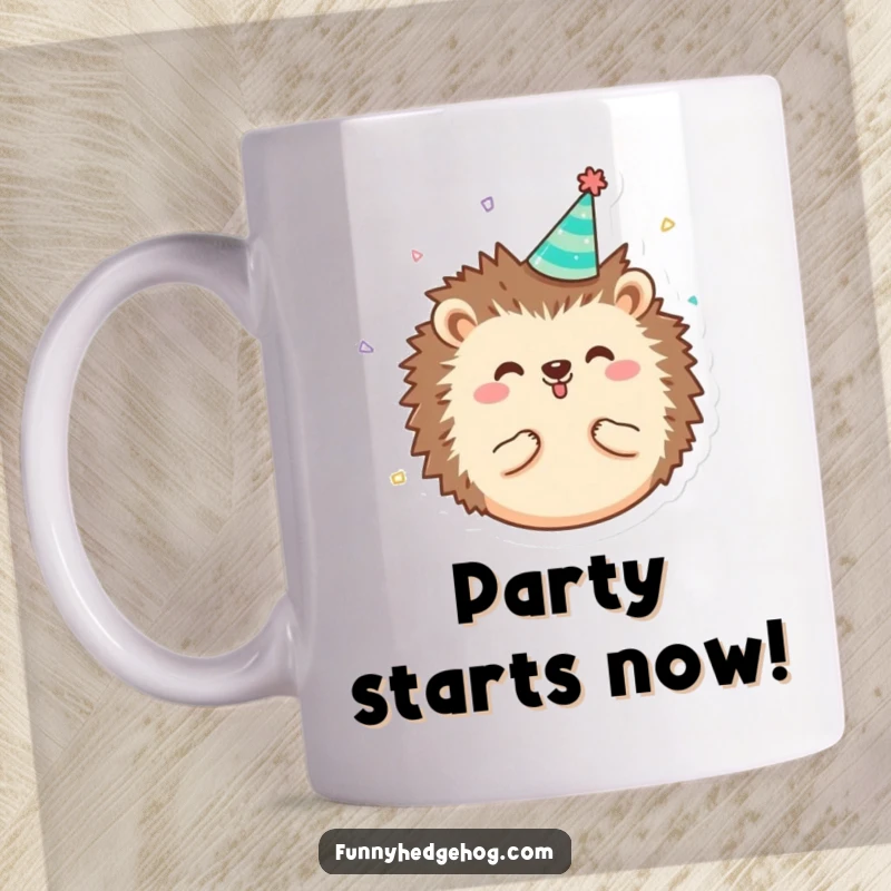Funny round, happy hedgehog mug wearing a tiny party hat with confetti, perfect for a whimsical and humorous gift.