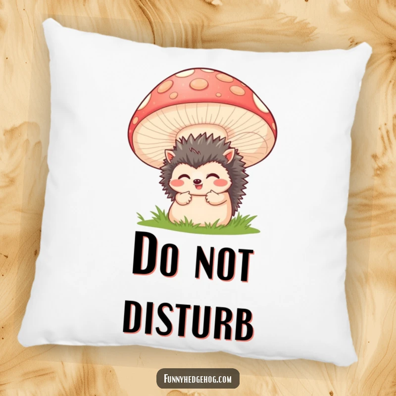 Funny pillow showcasing a shy hedgehog peeking from behind a large smiling mushroom, perfect for adding comfort and humor to living spaces.