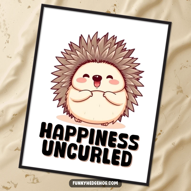 Funny digital art print of a hedgehog curled into a ball, then happily popping open with a joyful expression.