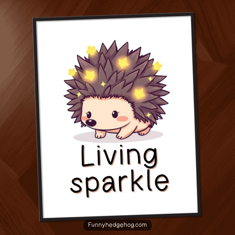 Funny digital art print of a hedgehog with spikes covered in tiny, glowing fireflies, creating a magical and whimsical visual.
