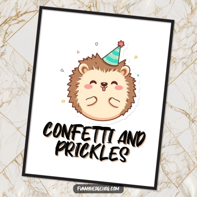 Funny round, happy hedgehog character digital art print wearing a tiny party hat with confetti, for instant whimsical humorous decor.