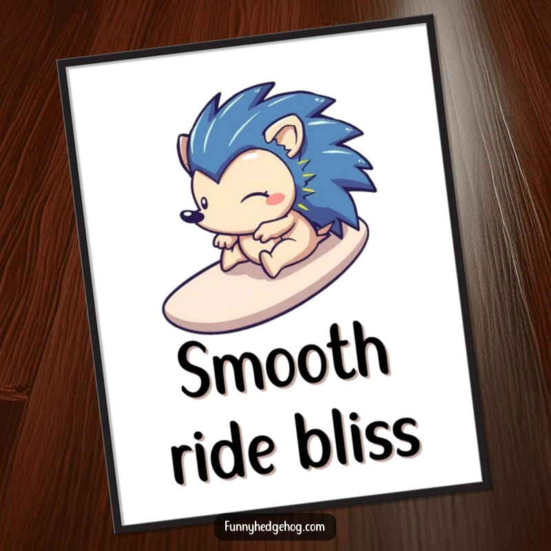 Funny digital art print of a happy hedgehog gleefully sliding down a smooth, stylized slide, capturing pure, exhilarating fun.