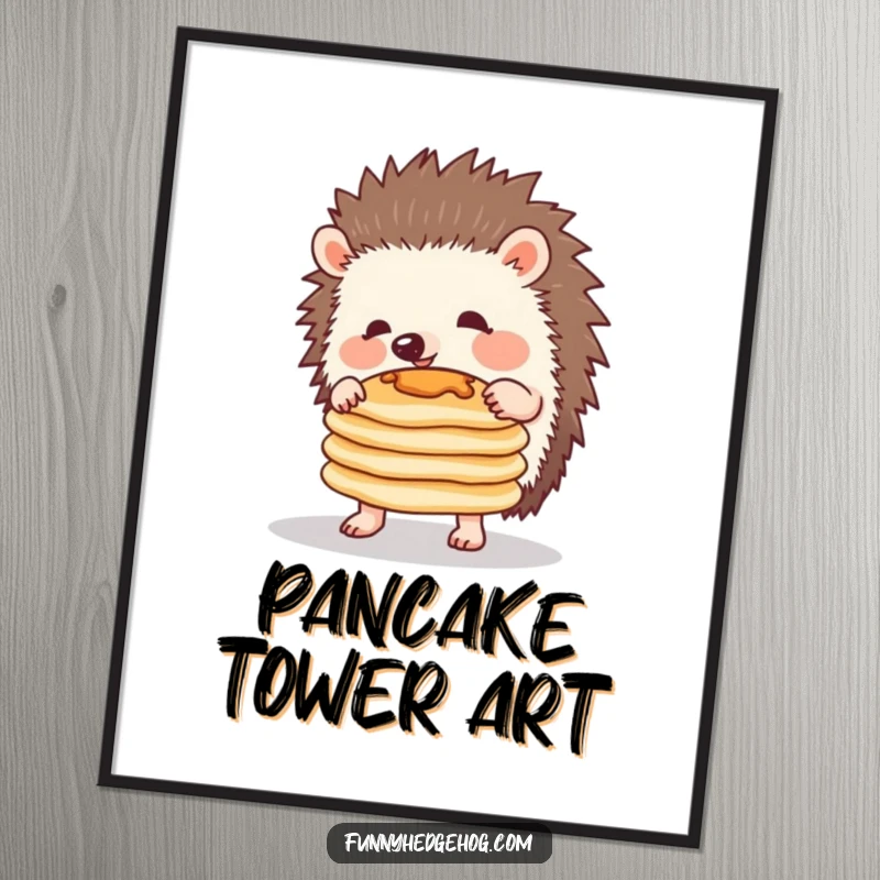 Funny digital art print of a determined hedgehog balancing a stack of pancakes, capturing a moment of comical, delightful effort.