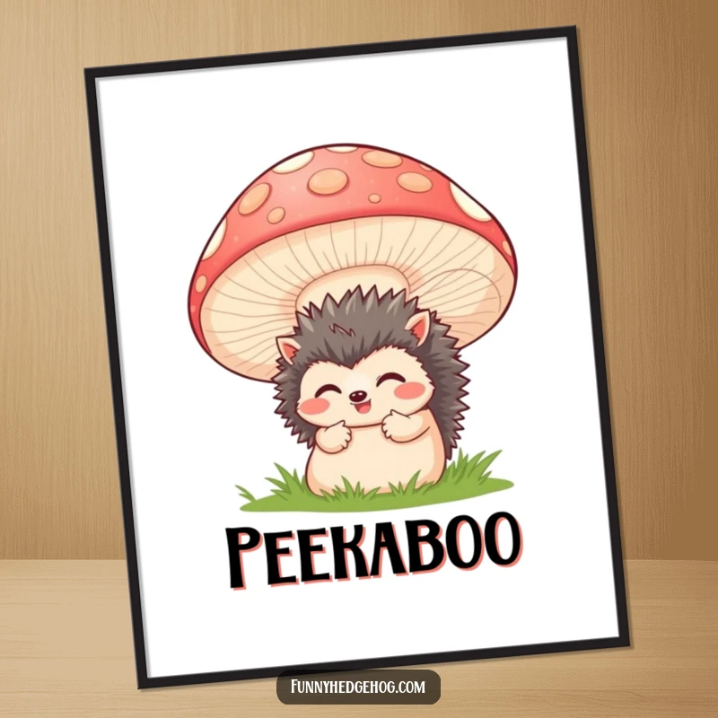 Funny digital art print of a shy hedgehog peeking from behind a large smiling mushroom, ideal for printable wall decor and humorous accents.