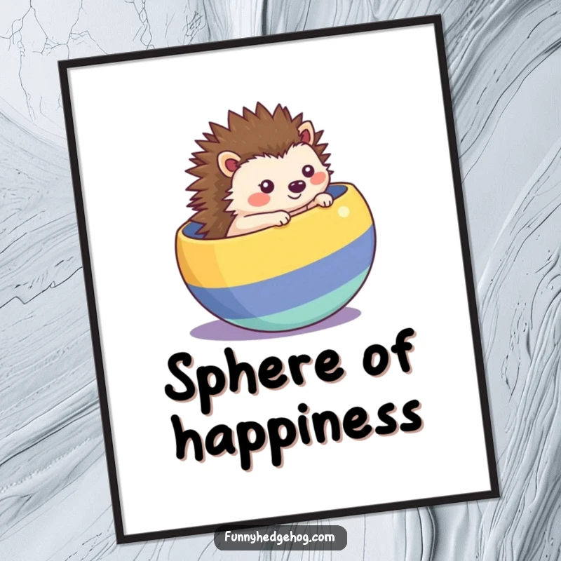 Funny kawaii hedgehog digital art print, rolling inside a striped ball, a whimsical and humorous artwork for instant download.