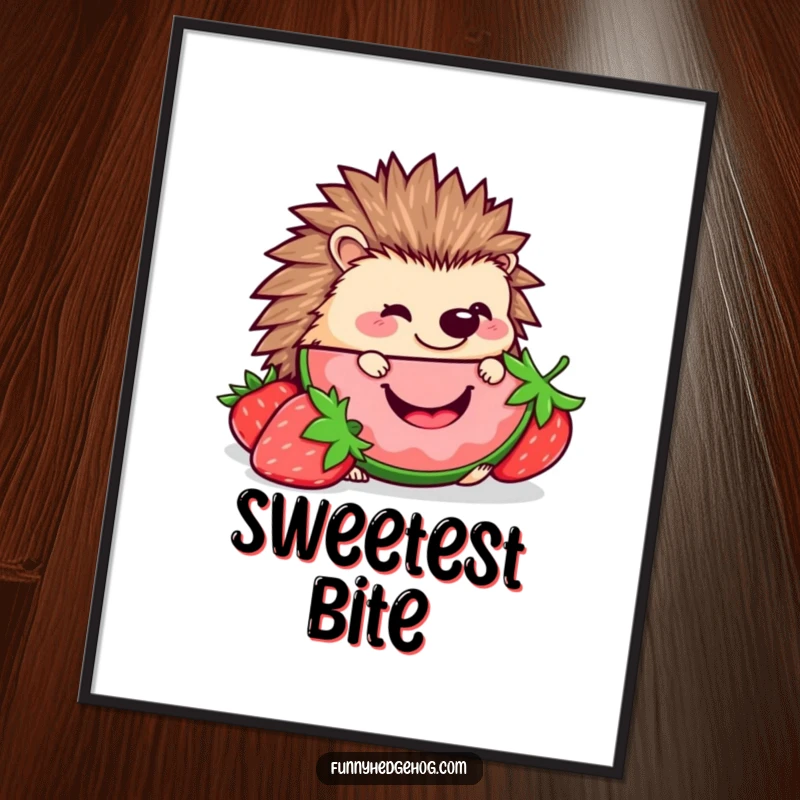 Funny Hedgehog Strawberry Digital Art Print: A kawaii hedgehog happily nibbling a smiling strawberry slice, creating a sweet and humorous downloadable artwork.