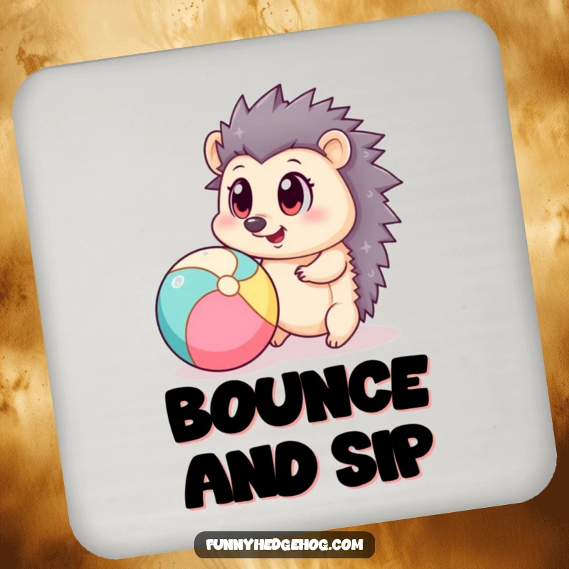 Funny coaster featuring a big-eyed hedgehog playfully bouncing a beach ball, perfect for adding a touch of charming fun.