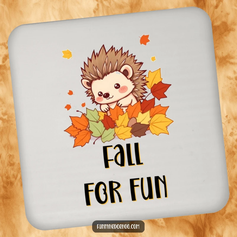 Funny Hedgehog Coaster: A spiky kawaii hedgehog peeking from autumn leaves, providing surface protection with a humorous and cute design.