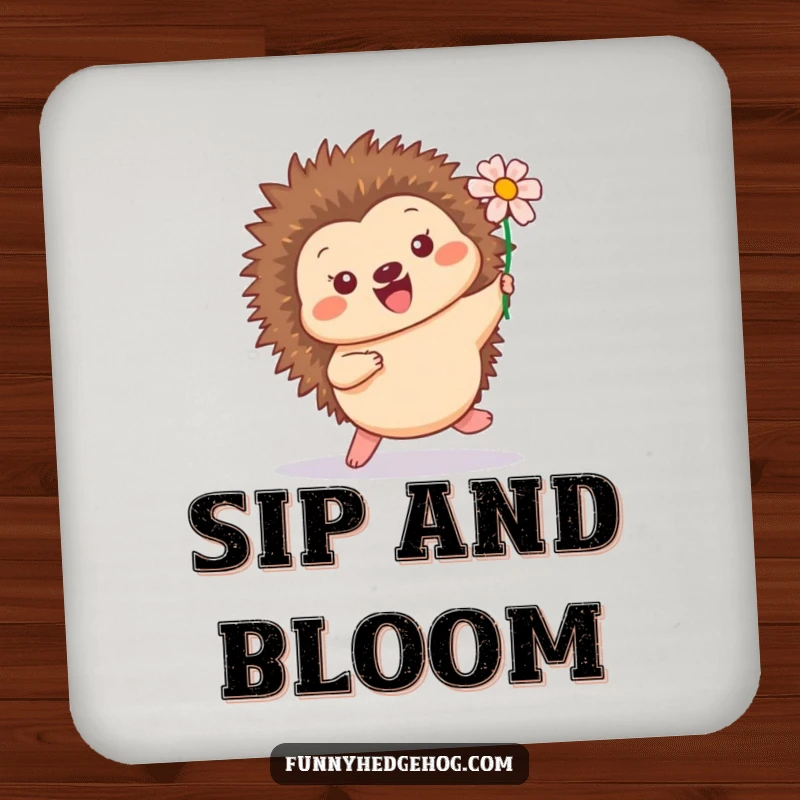 Funny drink coasters featuring a happy hedgehog hopping with a flower in its quills, adding cheerful humor to any surface.