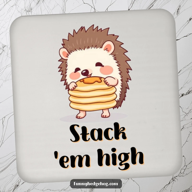 Funny coaster featuring a determined hedgehog balancing a stack of pancakes, perfect for adding a humorous touch to any surface.