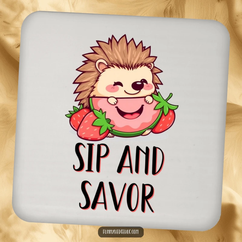 Funny Hedgehog Strawberry Coaster: A kawaii hedgehog happily nibbling a strawberry slice, providing surface protection with a cute, humorous design.