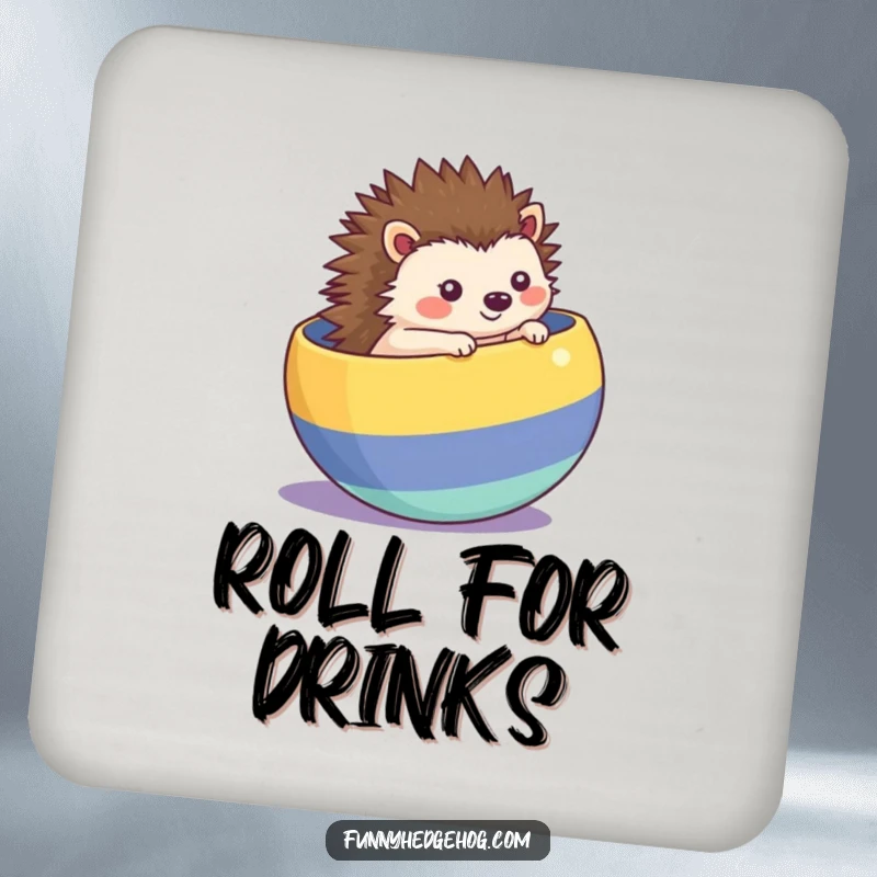 Funny kawaii hedgehog coaster, rolling inside a striped ball, protecting surfaces with a humorous and playful design.