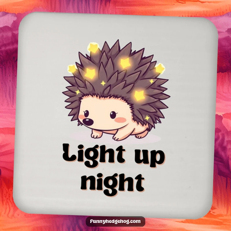 Funny drink coasters showcasing a hedgehog with spikes adorned with tiny, glowing fireflies, adding a magical touch to tabletops.
