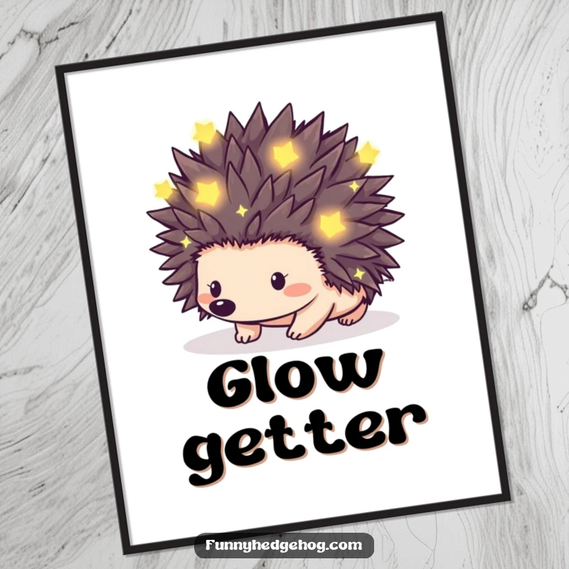 Funny poster showcasing a hedgehog adorned with glowing fireflies on its spikes, creating a magical and starry night effect.