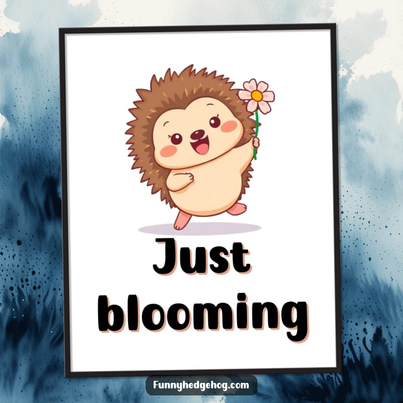 Funny poster illustrating a cheerful hedgehog doing a playful hop, with a flower tucked into its quills, bringing joy to walls.