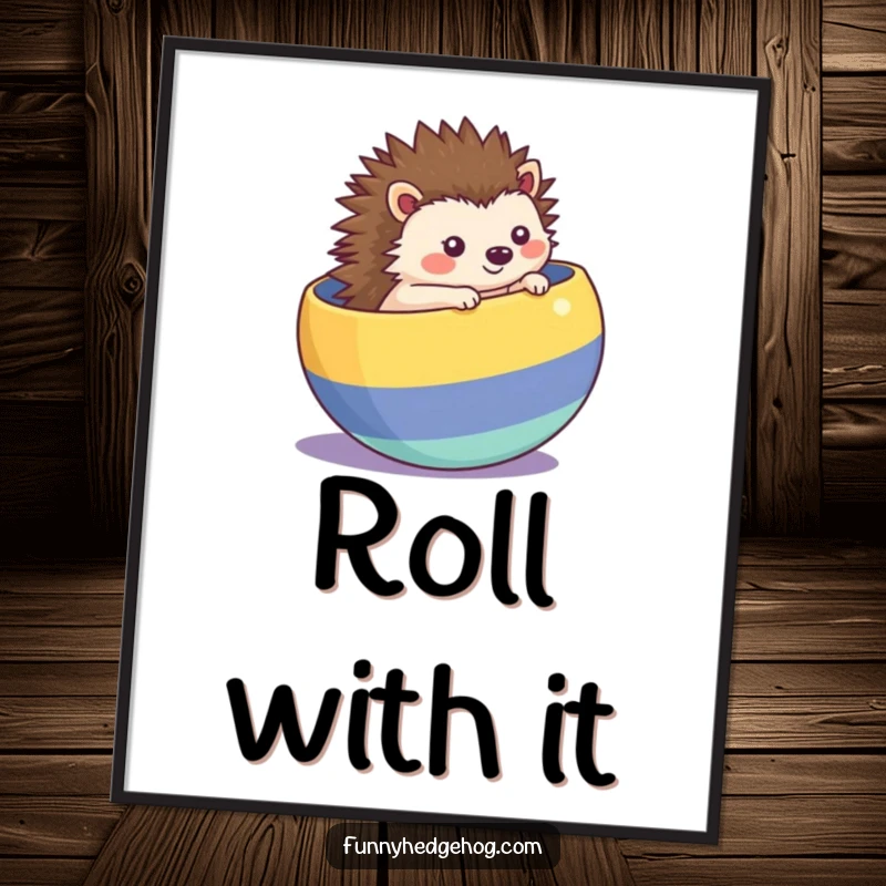 Funny kawaii hedgehog poster, rolling inside a striped ball, whimsical and humorous wall art for a playful vibe.