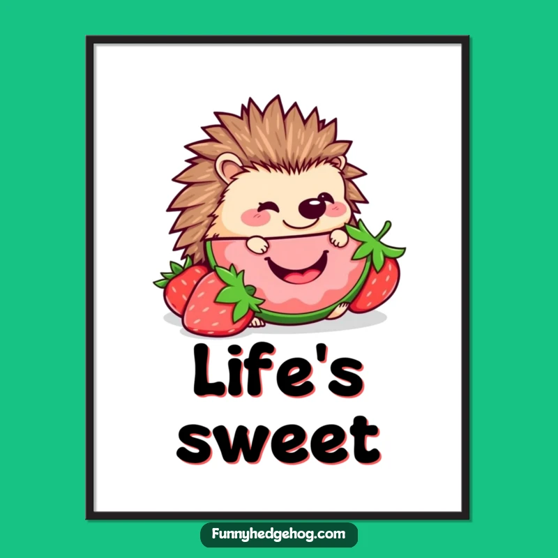 Funny Hedgehog Strawberry Poster: Kawaii Nibbler Art, Sweet Funny Wall Decor