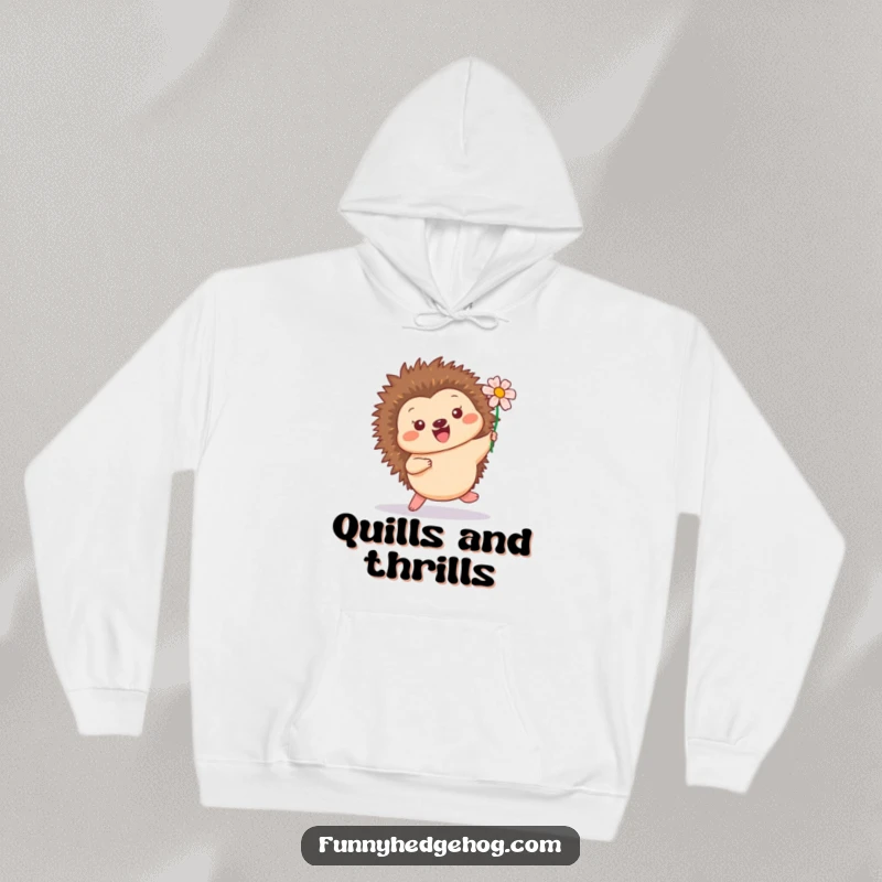 Funny hoodie featuring a cheerful hedgehog in a playful hop, with a flower accenting its quills, designed for comfort and smiles.