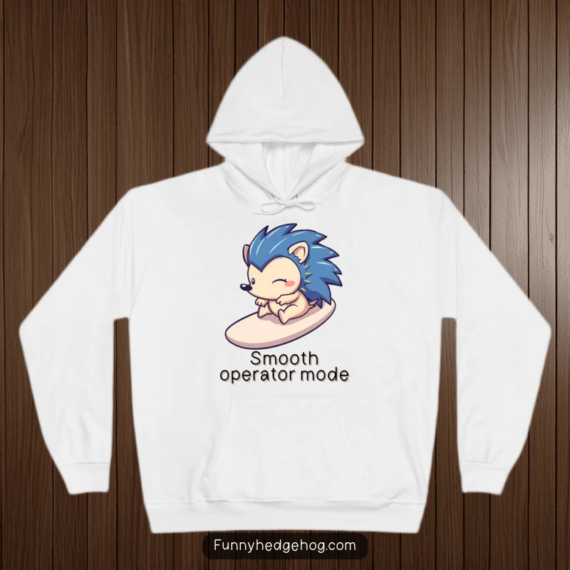 Funny hoodie featuring a delighted hedgehog sliding down a stylized slide, offering warm, humorous comfort and a sense of adventure.