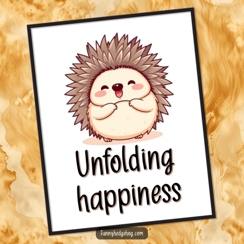 Funny Free Printable Wall Art: A hedgehog happily popping open from a curled ball, looking joyful.