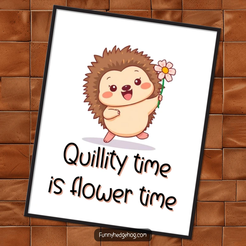 Funny Free Printable Wall Art: A cheerful hedgehog leaps playfully, a bright flower in its quills. Joyful and vibrant art.