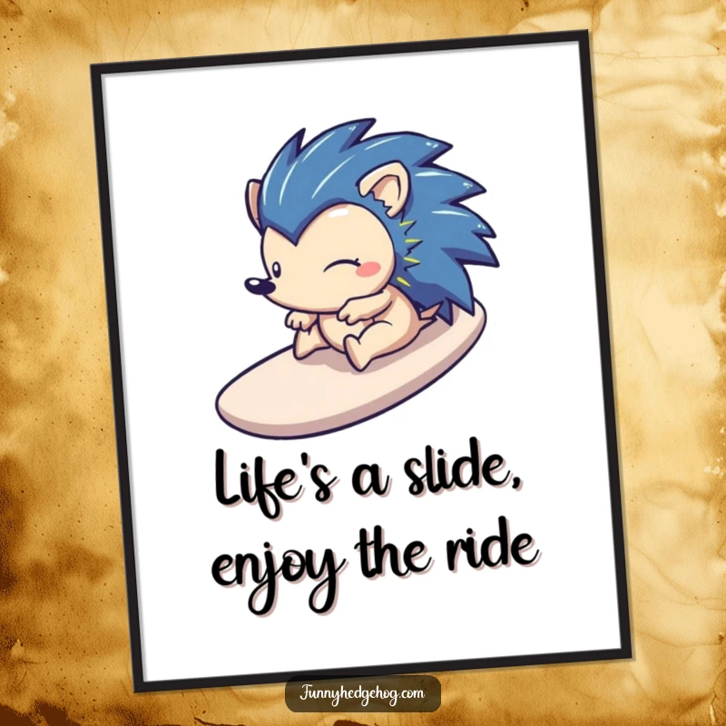 Funny Free Printable Wall Art: A hedgehog experiences pure joy while rapidly sliding down a sleek, stylized slide.