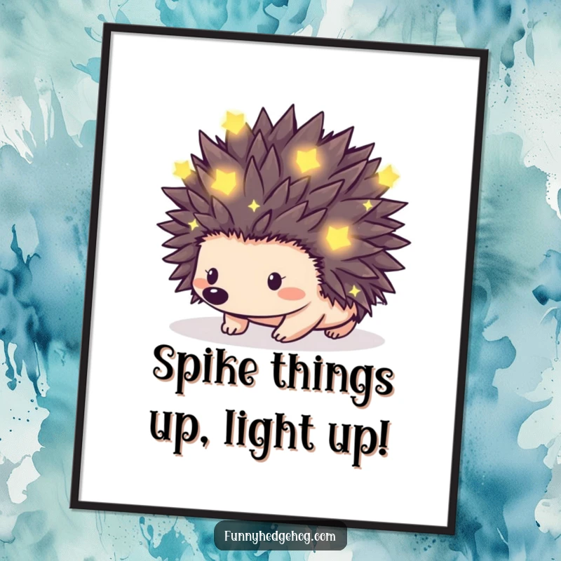 Funny Free Printable Wall Art: A hedgehog's spikes shimmer with dozens of tiny, glowing fireflies. Enchanting downloadable art.