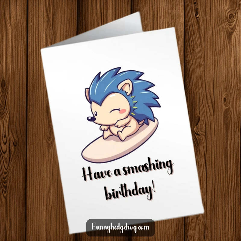 Funny Free Printable Birthday Card: A hedgehog gleefully slides down a smooth, stylized slide with wind in its quills.