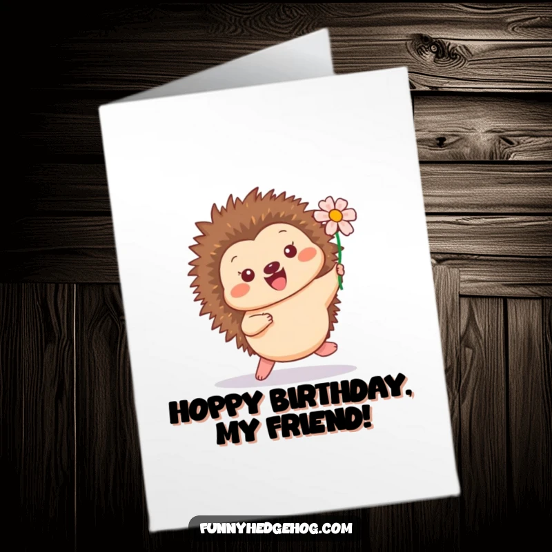 Funny Free Printable Birthday Card: A cheerful hedgehog does a playful hop, a bright flower tucked in its quills. Pure joy.